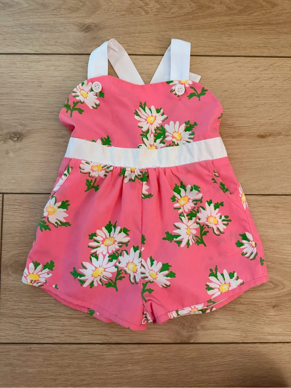The Beaufort Bonnet Company Pink Daisy Floral Romper with White Straps